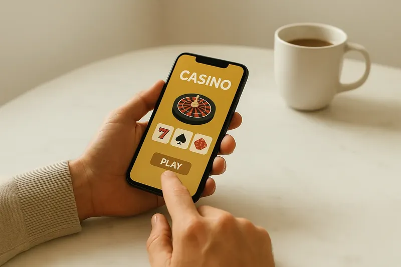 Man tapping mobile casino interface on phone at marble desk