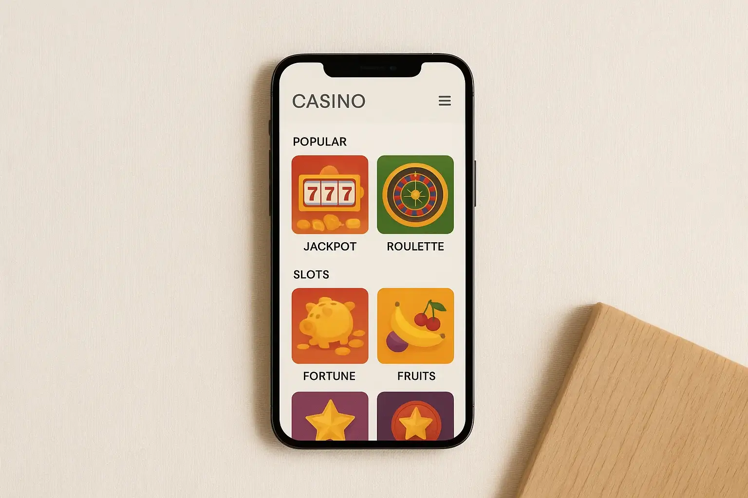 Smartphone angled on cream background showing light casino app interface