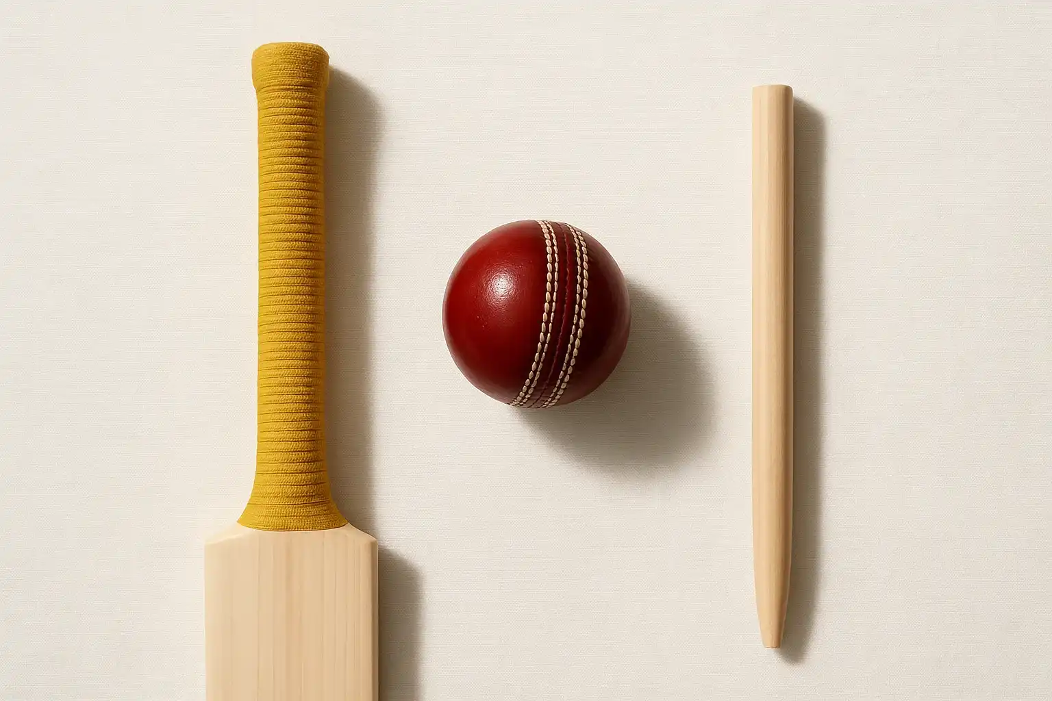 Overhead flat lay of cricket ball, bat handle and stump