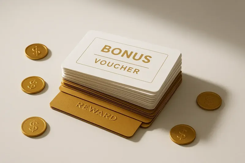 Stack of casino bonus vouchers and reward cards with gold coins