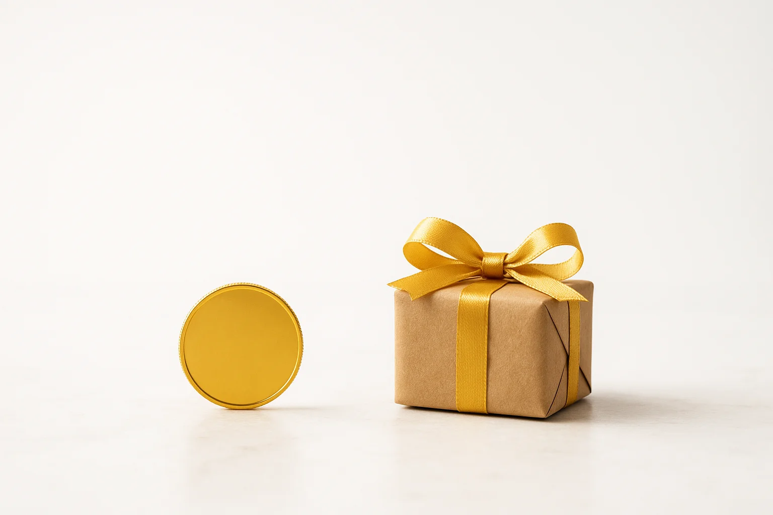 Minimalist Bonus Concept Single gold coin beside small unwrapped gift box on marble surface