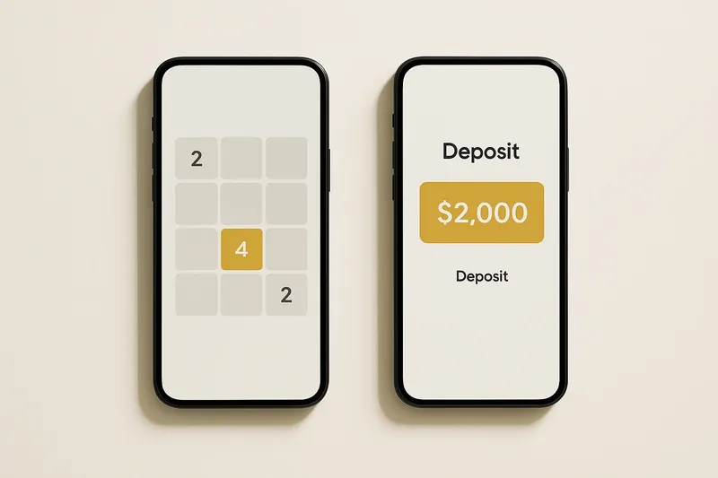 Two smartphones on cream background showing game grid and deposit screen
