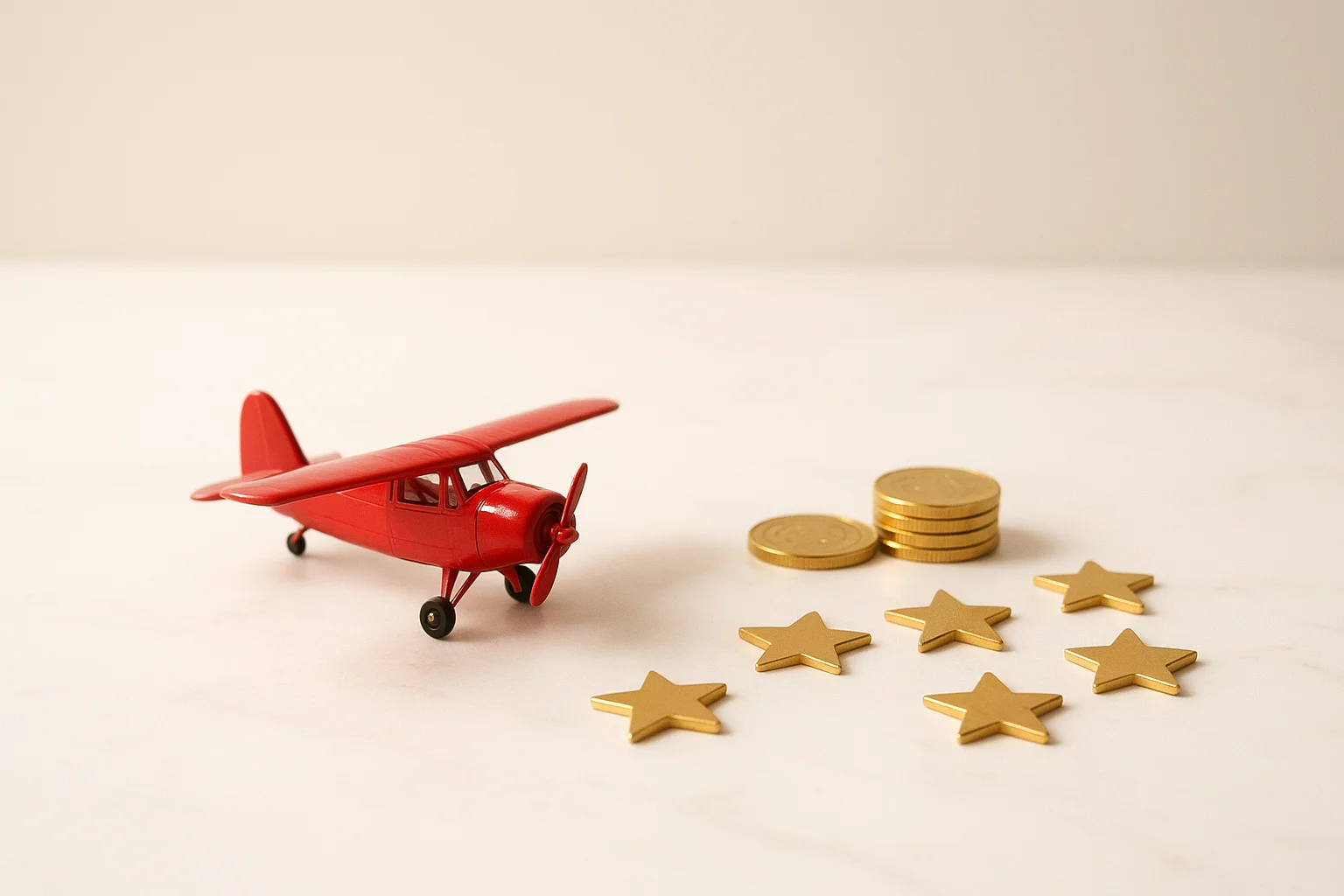 Miniature Red Airplane Miniature red airplane with gold coins and star tokens on marble