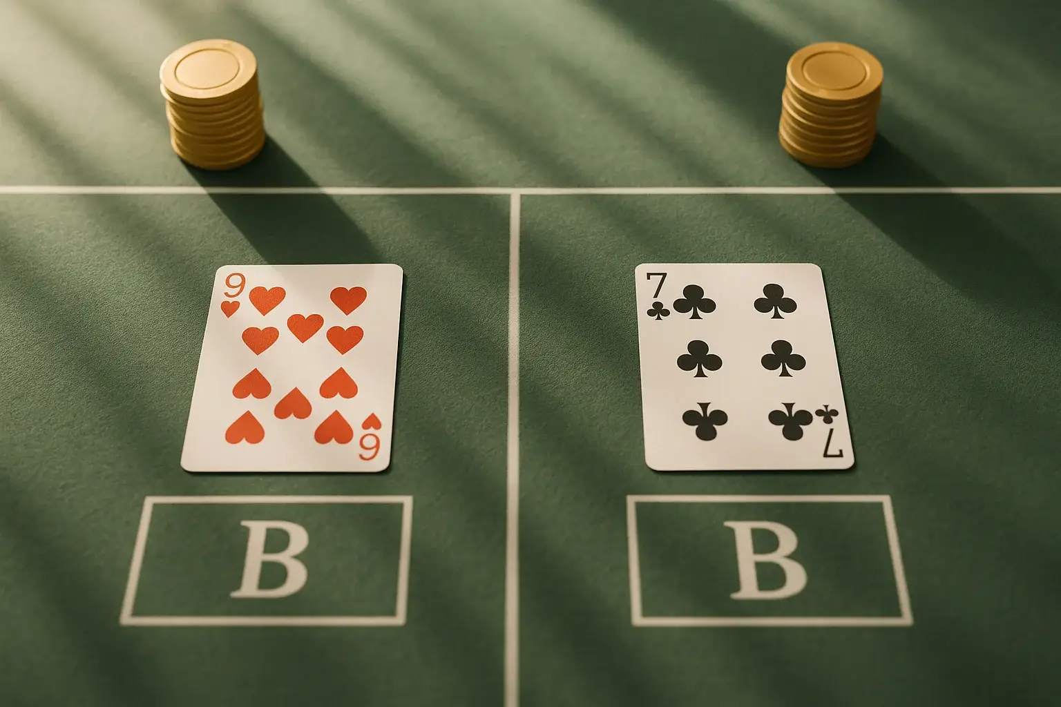 Live Baccarat Table Overhead live baccarat table with gold chip towers and geometric shadows