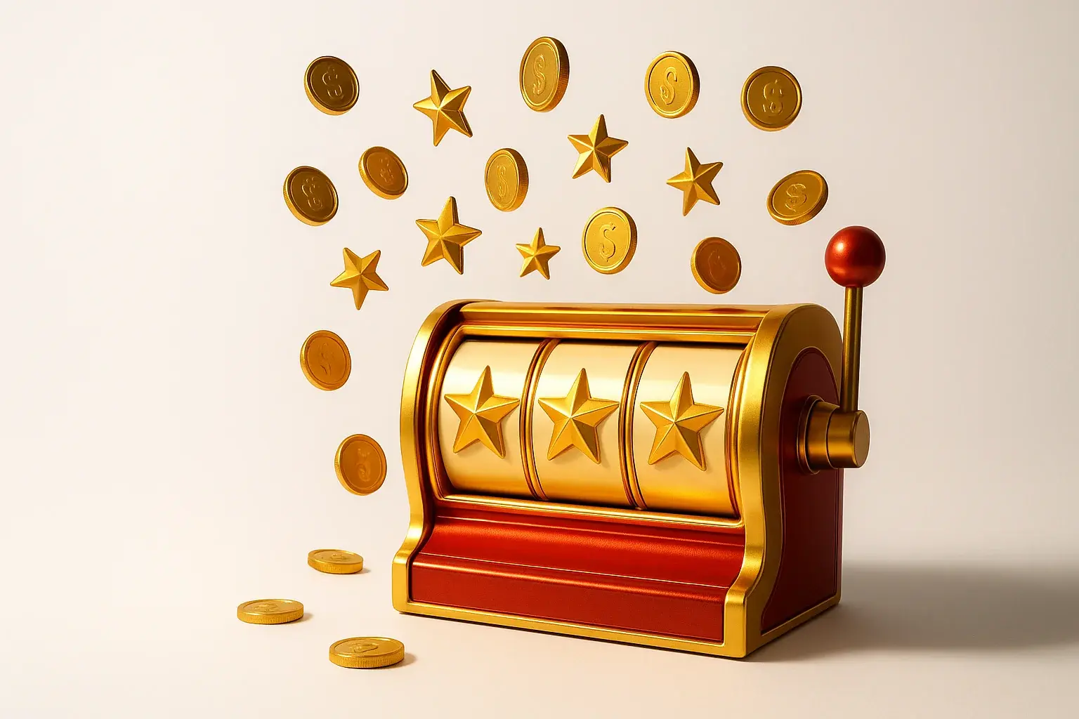 Slot Jackpot Scene Slot machine jackpot with floating coins and stars on white background